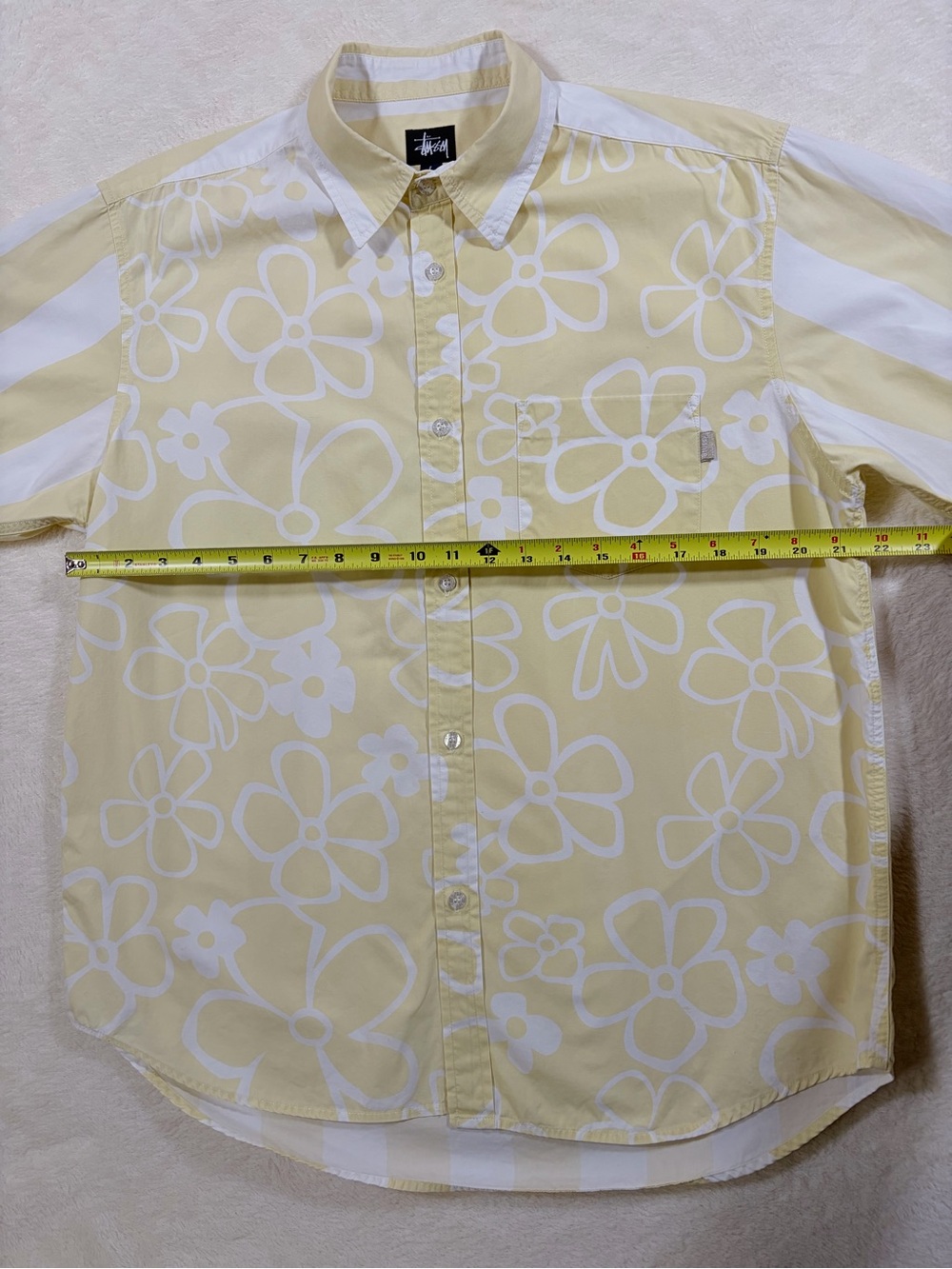 Vintage NOS Stussy “Back Flip” Yellow White Floral Striped Cotton Button-Up Sz L - Picture 7 of 11